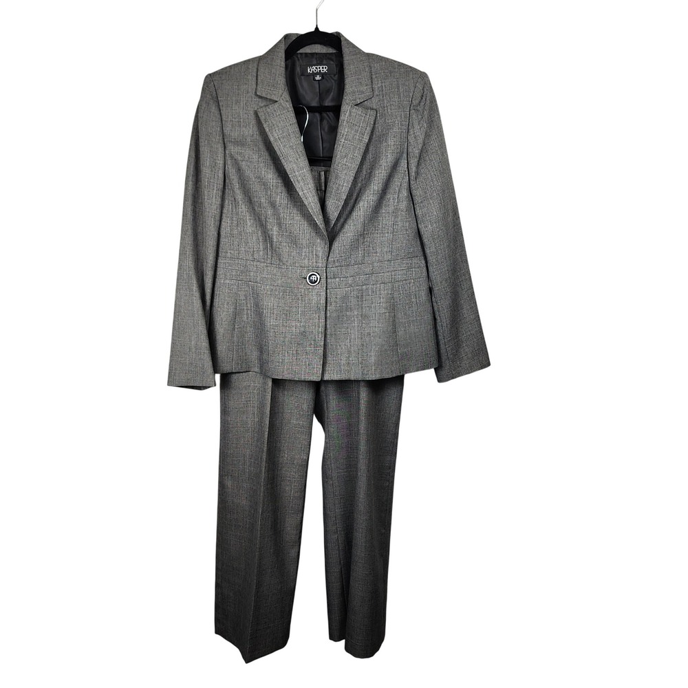 Kasper 2pc Pant Suit Set Womens 12 Gray Crosshatch Lined Business Office Work